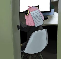 Rule 34 | 1girl, anya (spy x family), chair, child, desk, door, doorway, english text, female focus, from behind, highres, indoors, medium hair, monitor, mouse (computer), pink hair, plant, potted plant, sign, sitting, solo, spy x family, trustyskittles
