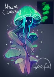 Rule 34 | 1girl, bioluminescence, character name, commentary, english commentary, exposed bone, feefal, glowing, glowing hat, gradient skin, green hair, highres, light green hair, light particles, long hair, mushroom, mushroom girl, mushroom hat, navel, no mouth, original, personification, pointy ears, signature, simple background, white eyes