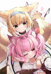 Rule 34 | 2girls, absurdres, animal ears, arknights, blue hairband, blush, braid, braided hair rings, closed mouth, commentary request, dress, fox ears, fox girl, fox tail, green eyes, grey background, hair between eyes, hair rings, hairband, highres, kitsune, long sleeves, moepu., multiple girls, one eye closed, pink hair, puffy long sleeves, puffy sleeves, purple eyes, shamare (arknights), smile, suzuran (arknights), tail, twin braids, twintails, white dress