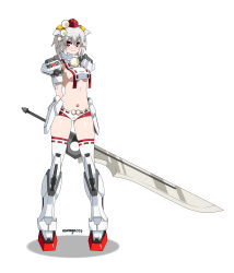 Rule 34 | 1girl, :3, absurdres, animal ears, blush, breasts, character name, full body, groin, gundam, gundam seed, hat, highres, huge weapon, inubashiri momiji, looking at viewer, mecha musume, midriff, nanaya777, navel, pom pom (clothes), red eyes, short hair, signature, silver hair, simple background, solo, strike gundam, sword, tail, tokin hat, touhou, underboob, weapon, white background, wolf ears, wolf tail