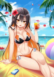 Rule 34 | 1girl, absurdres, ball, beach, bikini, black hair, borrowed character, bottle, breasts, cleavage, cloud, cocktail umbrella, commission, crab, crossed legs, cryptocurrency, cup, day, drink, drinking glass, drinking straw, feet out of frame, flower, hair between eyes, hair flower, hair ornament, halterneck, highres, holding, holding cup, horizon, large breasts, long hair, looking at viewer, lotion, monero-chan, multicolored hair, navel, ocean, open mouth, orange bikini, orange eyes, orange hair, original, outdoors, plant, red flower, rifqiaji, sand, second-party source, side-tie bikini bottom, sitting, sky, smile, solo, string bikini, sunscreen, swimsuit, two-tone hair, very long hair