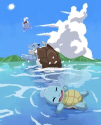 Rule 34 | :d, afloat, blastoise, closed eyes, cloud, commentary request, creatures (company), day, diving, evolutionary line, game freak, gen 1 pokemon, highres, lying, nintendo, no humans, on back, open mouth, outdoors, pokemon, pokemon (creature), sky, smile, squirtle, sun, tomozo (muginosukejr), wartortle, water
