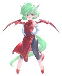 Rule 34 | armpit peek, black pants, china dress, chinese clothes, draco centauros, dragon horns, dragon tail, dragon wings, dress, elbow gloves, full body, gloves, green hair, hands on own hips, highres, horns, open mouth, pants, puyopuyo, red dress, red footwear, red wings, shiratsuyu mone, short hair, simple background, sleeveless, sleeveless dress, standing, tail, white background, white gloves, wings, yellow eyes