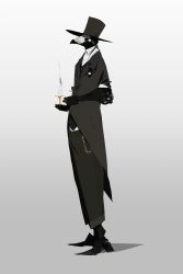 Rule 34 | 1boy, android, black coat, black hat, black pants, candle, catlesstail, coat, formal, full body, gradient background, hat, highres, holding, holding candle, no humans, original, pants, plague doctor mask, science fiction, solo, standing, tailcoat, top hat