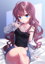 Rule 34 | 1girl, :3, ahoge, arm support, bare shoulders, bed, black camisole, black shirt, blue eyes, blue shorts, blush, breasts, camisole, cleavage, closed mouth, collarbone, cowboy shot, crossed legs, head tilt, highres, ichinose shiki, idolmaster, idolmaster cinderella girls, knees, lab coat, long hair, looking at viewer, medium breasts, midriff peek, purple hair, shirt, short shorts, shorts, sitting, sleeves past wrists, solo, strap slip, taemin, taut clothes, taut shirt, thighs, wavy hair