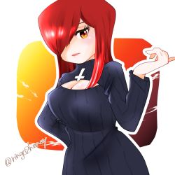 Rule 34 | 1girl, adapted costume, breasts, cleavage, cleavage cutout, clothing cutout, cross, hair over one eye, hand on own hip, inverted cross, large breasts, long hair, meme attire, open-chest sweater, parasoul (skullgirls), red hair, ribbed sweater, ringo tou hachimitsu, skullgirls, solo, sweater, twitter username, yellow eyes