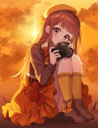 Rule 34 | 1girl, ass, beret, boots, bow, brown footwear, brown hair, brown jacket, camera, chobi (penguin paradise), cloud, cloudy sky, collared shirt, commentary request, hat, high heel boots, high heels, highres, holding, holding camera, idolmaster, idolmaster million live!, jacket, knees up, long hair, long sleeves, orange hat, orange skirt, orange socks, outdoors, red bow, red eyes, school uniform, shirt, sitting, skirt, sky, smile, socks, solo, sunset, tanaka kotoha, very long hair, white shirt