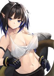 Rule 34 | 1girl, absurdres, arknights, arm strap, bare arms, bare shoulders, black gloves, black hair, blue eyes, blue hair, breasts, camisole, cleavage, commentary request, crop top, eunectes (arknights), eunectes (forgemaster) (arknights), gloves, head tilt, highres, kuroja, large breasts, looking at viewer, midriff, multicolored hair, navel, official alternate costume, pointy ears, short hair, simple background, snake tail, solo, spaghetti strap, stomach, tail, upper body, white background