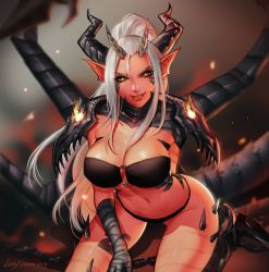 Rule 34 | 1girl, 2018, absurdres, arm behind back, artist name, breasts, chain, colored skin, commission, demon girl, demon horns, ember (khornette quest), highres, horns, huge filesize, khornette quest, large breasts, leirix, long hair, looking at viewer, monster girl, navel, o-ring, o-ring top, parted lips, pinup (style), pointy ears, ponytail, red skin, skull, smile, solo, spikes, tail, teeth, very long hair, white hair, yellow eyes