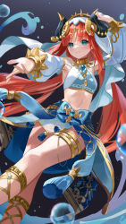 Rule 34 | 1girl, aqua eyes, arm up, bare shoulders, blue nails, blush, breasts, brooch, circlet, crop top, dancer, detached sleeves, feet out of frame, forehead jewel, genshin impact, gladiator sandals, gold trim, highres, jewelry, linea alba, long hair, long sleeves, looking at viewer, low twintails, nail polish, navel, neck ring, nilou (genshin impact), nima (niru54), outstretched hand, parted bangs, parted lips, puffy long sleeves, puffy sleeves, red hair, sandals, sidelocks, skirt, small breasts, smile, solo, stomach, thighlet, thighs, twintails, vambraces, veil, vision (genshin impact), water