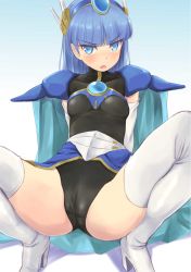 Rule 34 | 1990s (style), 1girl, armor, blue eyes, blue hair, blue hairband, boots, cameltoe, cape, elbow gloves, female focus, frown, gloves, hairband, headgear, high heel boots, high heels, highres, leotard, long hair, looking at viewer, magic knight rayearth, matching hair/eyes, official alternate costume, open mouth, pauldrons, retro artstyle, ryuuzaki umi, shoulder armor, solo, spread legs, squatting, thigh boots, thighhighs, wa (genryusui), white gloves, white thighhighs