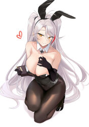 Rule 34 | 1girl, absurdres, ahoge, alternate costume, animal ears, azur lane, bare shoulders, black gloves, black hairband, black leotard, black pantyhose, breasts, cleavage, closed mouth, collarbone, commentary request, detached collar, elbow gloves, fake animal ears, full body, gloves, hairband, heart, highres, holding, holding menu, iron blood (emblem), kneeling, large breasts, leotard, long hair, menu, mole, mole on breast, multicolored hair, pantyhose, playboy bunny, prinz eugen (azur lane), rabbit ears, smile, solo, streaked hair, two side up, very long hair, white hair, xiaoxiao de kuangsan, yellow eyes