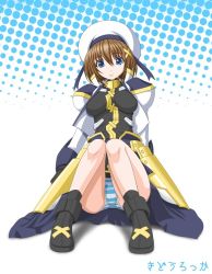 Rule 34 | 00s, 1girl, beret, blue eyes, boots, breasts, brown hair, dress, hair ornament, hairclip, hat, large breasts, lyrical nanoha, mahou shoujo lyrical nanoha, mahou shoujo lyrical nanoha strikers, panties, pantyshot, sitting, smile, solo, striped clothes, striped panties, t2r, underwear, x hair ornament, yagami hayate