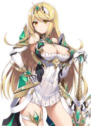 Rule 34 | 1girl, absurdres, aegis sword (xenoblade), armor, armpits, blonde hair, blush, breasts, cleavage, cleavage cutout, clothing cutout, contrapposto, covered navel, cowboy shot, dress, earrings, elbow gloves, gloves, gluteal fold, hairband, hand on own hip, highres, jewelry, large breasts, long hair, looking at viewer, mythra (xenoblade), raiou, revision, short dress, simple background, skindentation, solo, standing, sword, thigh strap, tiara, weapon, white background, white dress, white gloves, xenoblade chronicles (series), xenoblade chronicles 2, yellow eyes