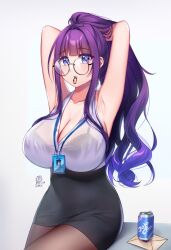 Rule 34 | 1girl, absurdres, armpits, arms up, black bra, black skirt, bra, breasts, brown pantyhose, can, catniipz, catniipz (vtuber), glasses, highres, indie virtual youtuber, large breasts, long hair, mouth hold, pantyhose, purple eyes, purple hair, shirt, skirt, solo, underwear, virtual youtuber, white shirt