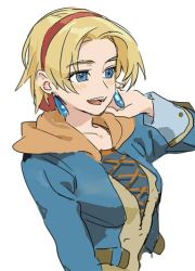 Rule 34 | 1girl, alternate eye color, blonde hair, blue eyes, breasts, cecilia lynne adelhyde, coat, commentary request, cross-laced clothes, earrings, flat color, hairband, hanakuso, jewelry, lowres, open mouth, red hairband, short hair, simple background, smile, solo, white background, wild arms, wild arms 1