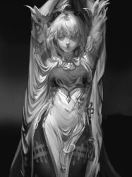 Rule 34 | 1girl, arms up, bell, bodysuit, breasts, cowbell, ganyu (genshin impact), genshin impact, goat horns, gradient background, greyscale, hair over one eye, highres, horns, large breasts, looking at viewer, monochrome, neck bell, pluvium grandis, short hair, solo, wide hips