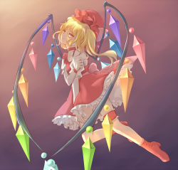 Rule 34 | akemixu, blonde hair, choker, crystal, dress, flandre scarlet, frilled dress, frilled hat, frilled sleeves, frills, gradient background, hair ribbon, hat, hat ribbon, high heels, highres, looking at viewer, mob cap, pink ribbon, puffy short sleeves, puffy sleeves, red dress, red eyes, red footwear, red hat, ribbon, sash, shoes, short hair, short sleeves, side ponytail, solo, touhou, wings, wristband