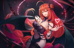 Rule 34 | absurdres, breasts, chain, cleavage, clothing cutout, demon girl, demon wings, dress, erze (king&#039;s raid), hand on own chest, heart, highres, king&#039;s raid, large breasts, looking at viewer, navel, red eyes, red hair, seductive smile, see-through, shinyu xingyu, side cutout, side slit, single thighhigh, smile, solo, thighhighs, wings