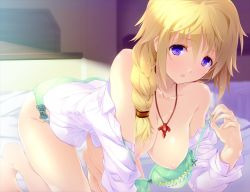 Rule 34 | 10s, all fours, ass, bed, bed sheet, blonde hair, blue eyes, blush, bow, bra, braid, breasts, charlotte dunois, cleavage, collarbone, hanging breasts, infinite stratos, large breasts, lingerie, long hair, looking at viewer, matsukawa (pale scarlet), nipple slip, nipples, open clothes, open shirt, panties, plait, see-through, shirt, underwear, undressing
