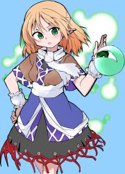 Rule 34 | 1girl, arm warmers, blonde hair, blue background, green eyes, hand on own hip, looking at viewer, mizuhashi parsee, multicolored clothes, open mouth, pointy ears, scarf, shinmon akika, short hair, short sleeves, solo, third eye, touhou, white scarf