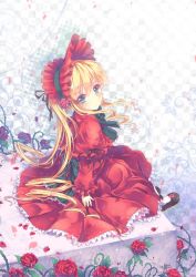 Rule 34 | 00s, 1girl, absurdres, blonde hair, blue eyes, bonnet, capelet, dress, drill hair, flower, hairband, highres, lace, lace-trimmed skirt, lace trim, lolita fashion, long hair, north abyssor, red dress, red flower, red rose, rose, rozen maiden, shinku, shoes, sitting, skirt, solo