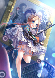 Rule 34 | 1girl, :d, abigail williams (fate), abigail williams (festival outfit) (fate), black dress, blonde hair, bloomers, blue eyes, blush, bow, braid, breasts, butterfly hair ornament, commentary request, dress, fate/grand order, fate (series), forehead, hair ornament, heart, heroic spirit chaldea park outfit, jin young-in, long hair, long sleeves, official alternate costume, open mouth, orange bow, painting (object), parted bangs, picture frame, shirt, sidelocks, sleeveless, sleeveless dress, sleeves past fingers, sleeves past wrists, small breasts, smile, solo, standing, standing on one leg, stuffed animal, stuffed toy, suction cups, teddy bear, tentacles, underwear, very long hair, white bloomers, white shirt