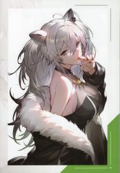 Rule 34 | 1girl, absurdres, ahoge, animal ears, bare shoulders, black nails, breasts, earrings, fingernails, from side, fur trim, grey eyes, grey hair, hand up, highres, hololive, jacket, jewelry, kakage, licking, long hair, long sleeves, looking at viewer, medium breasts, nail polish, off shoulder, open clothes, open jacket, page number, scan, shishiro botan, simple background, smile, tongue, tongue out, upper body, virtual youtuber