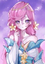 Rule 34 | 1girl, bare shoulders, blush, collarbone, detached sleeves, douluo dalu, dress, floating, flower, gradient background, hair flower, hair ornament, hand up, highres, long hair, looking at viewer, ning rongrong (douluo dalu), parted lips, pink hair, purple eyes, sash, solo, teeth, upper body, white dress, white flower, yao laoban