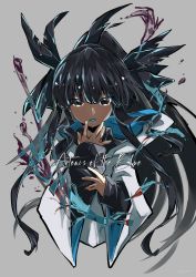 Rule 34 | 1girl, artemis of the blue, artist name, atelier live, black eyes, black hair, commentary, english commentary, grey background, highres, long hair, looking at viewer, saliva, shark girl, shinnjugokko, solo, very long hair, virtual youtuber, water