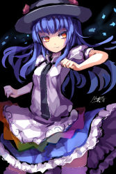 Rule 34 | 1girl, black background, blue hair, cowboy shot, dated, dress, faux traditional media, food, fruit, hand up, hat, highres, hinanawi tenshi, layered dress, light smile, long hair, looking at viewer, myero, peach, red eyes, short sleeves, signature, simple background, solo, thighhighs, touhou