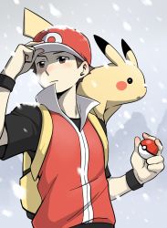 Rule 34 | 1boy, backpack, bag, baseball cap, black shirt, black wristband, blush, brown eyes, brown hair, closed mouth, cold, commentary, creatures (company), game freak, gen 1 pokemon, hat, highres, holding, holding poke ball, jacket, looking to the side, male focus, nintendo, nutkingcall, on shoulder, pikachu, poke ball, poke ball (basic), pokemon, pokemon (creature), pokemon frlg, pokemon on shoulder, popped collar, red (pokemon), red headwear, shirt, short hair, short sleeves, sleeveless, sleeveless jacket, snow, snowing, wristband, yellow bag