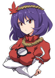 Rule 34 | 1girl, breasts, commentary request, cropped torso, crossed arms, hair between eyes, hair ornament, leaf hair ornament, leon (mikiri hassha), long sleeves, looking at viewer, medium breasts, mirror, puffy short sleeves, puffy sleeves, purple hair, red eyes, red shirt, rope, shirt, short hair, short sleeves, simple background, solo, touhou, upper body, white background, yasaka kanako