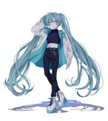 Rule 34 | 1girl, alternate costume, bakku (fspz4427), belt, black tank top, blue eyes, blue hair, boots, earrings, expressionless, eyelashes, full body, hand in own hair, hand in pocket, hatsune miku, highres, hoop earrings, jacket, jewelry, leather, leather pants, leg up, crossed legs, long hair, looking at viewer, navel, open clothes, open jacket, pants, shadow, simple background, solo, standing, stomach, tank top, very long hair, vocaloid, white background