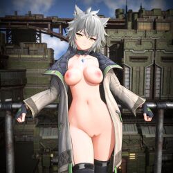 Rule 34 | 1girl, 3d, animal ear fluff, animal ears, blobcg, breasts, cat ears, chest jewel, curvy, fingerless gloves, gloves, grey hair, highres, jacket, large breasts, looking at viewer, messy hair, na&#039;el (xenoblade), nipples, open clothes, open jacket, outdoors, seductive smile, smile, solo, wide hips, xenoblade chronicles (series), xenoblade chronicles 3, xenoblade chronicles 3: future redeemed, yellow eyes