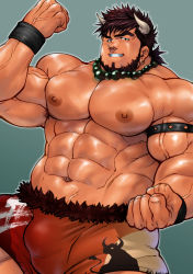 Rule 34 | 1boy, abs, absurdres, animal ears, armpit hair, bara, bead necklace, beads, beard, body hair, brown hair, bulge, chinese zodiac, cow boy, cow ears, cow horns, cowboy shot, facial hair, flexing, fur-trimmed legwear, fur trim, grin, highres, horns, jewelry, large pectorals, male focus, muscular, muscular male, navel, necklace, nipples, original, pectorals, red shorts, short hair, shorts, smile, solo, terujirou (masateruteru), textless version, thick thighs, thighs, topless male, veins, year of the ox