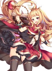 Rule 34 | 10s, 1girl, :d, arm warmers, bad id, bad pixiv id, belt, black thighhighs, blonde hair, blush, book, cagliostro (granblue fantasy), cape, cowboy shot, gem, granblue fantasy, hairband, head tilt, holding, holding book, homarerererere, leaning to the side, liquid, looking at viewer, open book, open mouth, orb, outstretched arm, purple eyes, red cape, red gemstone, red skirt, shirt, skindentation, skirt, smile, solo, spiked hairband, spikes, standing, test tube, thighhighs, white shirt, zettai ryouiki