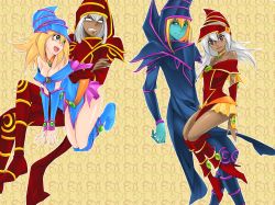 Rule 34 | alternate costume, ass, bare shoulders, blonde hair, blue eyes, blue footwear, blush stickers, bm (natakus), boots, breasts, choker, cleavage, commentary request, dark-skinned male, dark magician, dark magician girl, dark skin, duel monster, gold trim, green eyes, hat, large breasts, long hair, multiple boys, multiple girls, multiple views, open mouth, pentacle, skirt, smile, wizard hat, yu-gi-oh!, yu-gi-oh! duel monsters