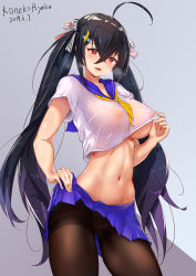 Rule 34 | 1girl, absurdres, ahoge, alternate costume, azur lane, black hair, blue sailor collar, blue skirt, blush, breasts, chinese commentary, clothes lift, collarbone, commentary request, covered erect nipples, crossed bangs, dated, fingernails, hair between eyes, hair ornament, hair ribbon, hairclip, head tilt, heart, heart-shaped pupils, heavy breathing, highres, koneko ayaka, large breasts, lifted by self, long hair, looking at viewer, microskirt, navel, neckerchief, nipples, no bra, open mouth, panties, panties under pantyhose, pantyhose, pleated skirt, red eyes, ribbon, sailor collar, school uniform, see-through, serafuku, shiny skin, shirt lift, short sleeves, signature, skirt, skirt lift, solo, standing, stomach, striped ribbon, symbol-shaped pupils, taihou (azur lane), thighband pantyhose, twintails, underboob, underwear, very long hair, yellow neckerchief