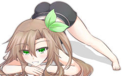 Rule 34 | 1girl, amoti moti, ass, bare shoulders, barefoot, blush, bow, brown hair, green eyes, grin, hair bow, if (neptunia), jack-o&#039; challenge, long hair, looking at viewer, neptune (series), shiny skin, short shorts, shorts, smile, solo, top-down bottom-up, very long hair