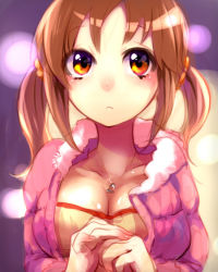 Rule 34 | 10s, 1girl, blurry, blush, bokeh, breasts, brown eyes, brown hair, cleavage, coat, collarbone, depth of field, idolmaster, idolmaster cinderella girls, jewelry, large breasts, looking at viewer, necklace, parka, solo, totoki airi, twintails, upper body, yuura