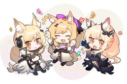 Rule 34 | 3girls, :3, :d, ^ ^, animal ear fluff, animal ears, arknights, aunt and niece, baiwei er hao ji, black gloves, black shirt, blemishine (arknights), blemishine (moon catastrborn) (arknights), blonde hair, bow, chibi, closed eyes, crossed arms, dress, extra ears, closed eyes, fang, gloves, hair bow, hair ornament, hairclip, headset, holding, holding instrument, horse ears, horse girl, horse tail, implied extra ears, instrument, long hair, looking at viewer, maracas, multiple girls, nearl (arknights), nearl the radiant knight (arknights), official alternate costume, open mouth, ponytail, purple bow, scabbard, sheath, sheathed, shirt, siblings, sidelocks, sisters, smile, tail, whislash (arknights), whislash (glory purple) (arknights), white dress, yellow eyes