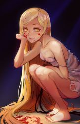 Rule 34 | 10s, 1girl, :q, barefoot, blood, blood on face, breasts, dress, fang, feet, godsh0t, highres, kiss-shot acerola-orion heart-under-blade, kizumonogatari, licking lips, long hair, monogatari (series), naughty face, oshino shinobu, parted bangs, pointy ears, small breasts, solo, squatting, ss (ssj2822533), strap slip, toes, tongue, tongue out, very long hair, white dress