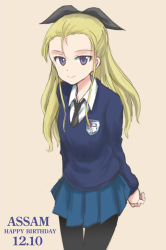 Rule 34 | 10s, 1girl, arms behind back, assam (girls und panzer), beige background, black necktie, black pantyhose, black ribbon, blonde hair, blue eyes, blue skirt, blue sweater, character name, closed mouth, commentary, cowboy shot, dated, dress shirt, emblem, english text, girls und panzer, hair pulled back, hair ribbon, happy birthday, leaning forward, long hair, long sleeves, looking at viewer, miniskirt, mutsu (layergreen), necktie, own hands together, pantyhose, pleated skirt, ribbon, school uniform, shirt, skirt, smile, solo, st. gloriana&#039;s (emblem), st. gloriana&#039;s school uniform, standing, sweater, v-neck, white shirt, wing collar
