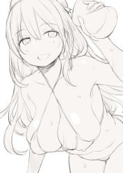Rule 34 | 10s, 1girl, atago (kancolle), bikini, blush, breasts, covered erect nipples, halterneck, hat, kantai collection, large breasts, long hair, looking at viewer, monochrome, nora higuma, open mouth, sketch, smile, solo, sponge, swimsuit