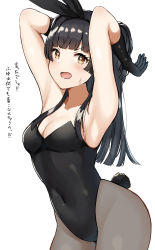 Rule 34 | 1girl, animal ears, armpits, arms up, bare shoulders, black gloves, black hair, blunt bangs, blush, breasts, brown eyes, cleavage, commentary, covered navel, cowboy shot, fake animal ears, fake tail, gloves, grey pantyhose, highres, idolmaster, idolmaster shiny colors, leotard, long hair, looking at viewer, mayuzumi fuyuko, medium breasts, open mouth, pantyhose, playboy bunny, rabbit ears, rabbit tail, simple background, solo, standing, strapless, strapless leotard, sweatdrop, tail, translated, two side up, wanimaru, white background