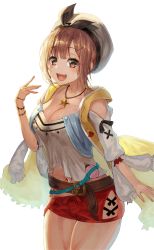 Rule 34 | 1girl, :d, absurdres, atelier (series), atelier ryza, atelier ryza 1, blunt bangs, breasts, brown hair, cleavage, commentary request, hair ornament, hairclip, hat, highres, hoshibudou, jewelry, large breasts, long hair, looking at viewer, midriff, navel, necklace, open mouth, red shorts, reisalin stout, short shorts, shorts, simple background, smile, solo, star (symbol), teeth, thighs, upper teeth only, white background, white hat