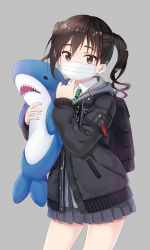 Rule 34 | 1girl, backpack, bag, black hair, black jacket, brown eyes, buttons, collared shirt, commentary request, covered mouth, cowboy shot, green necktie, grey background, grey skirt, hand up, highres, hood, hood down, hooded jacket, hugging doll, hugging object, idolmaster, idolmaster cinderella girls, ikea shark, jacket, long hair, long sleeves, looking at viewer, mask, miniskirt, mole, mole under eye, mouth mask, necktie, pleated skirt, ryucchi, shirt, skirt, solo, standing, striped necktie, striped neckwear, stuffed animal, stuffed shark, stuffed toy, sunazuka akira, surgical mask, thighs, twintails, wavy hair, white shirt