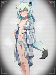 Rule 34 | 1girl, animal ears, bath yukata, battery indicator, blue archive, blue halo, blue panties, blush, breasts, closed mouth, feet out of frame, glaze artifacts, green hair, grey kimono, hair between eyes, halo, japanese clothes, kimono, looking at viewer, medium hair, navel, nipples, official alternate costume, panties, purple eyes, recording, shigure (blue archive), shigure (hot spring) (blue archive), small breasts, solo, special cat, tail, underwear, weasel ears, weasel tail, yukata