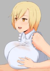 Rule 34 | 1boy, 1girl, :d, armpit peek, bare arms, bare shoulders, blonde hair, blush, breasts, breasts squeezed together, brown eyes, buttons, eyes visible through hair, frilled shirt, frills, hetero, highres, large breasts, lower body, nao (ritsancrossover), no bra, open mouth, original, paizuri, paizuri under clothes, see-through, shirt, short hair, sleeveless, sleeveless shirt, smile, solo focus, swept bangs, tsurime, unaligned breasts, upper body, white shirt